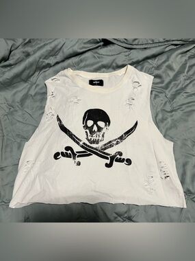 Other UK White Cropped Distressed Tank with Pirate Skull & Swords Graphic